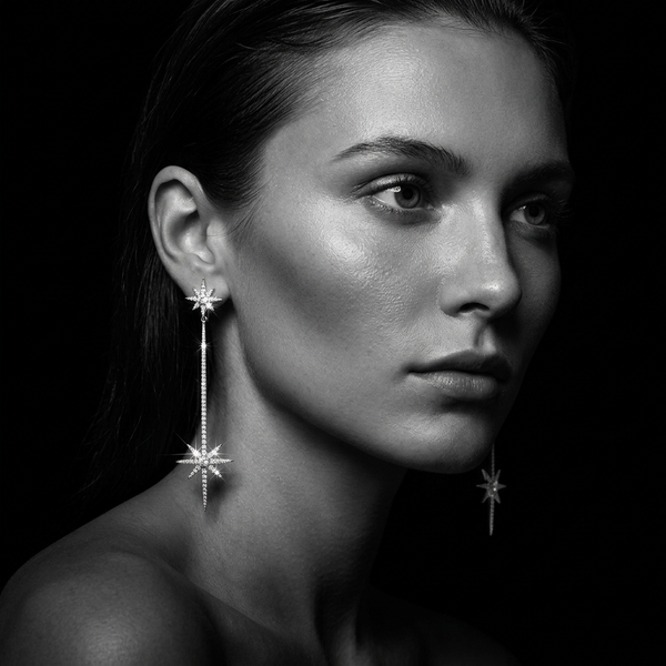 925 Silver North Star Dramatic Drop Earrings With Curved Hinge