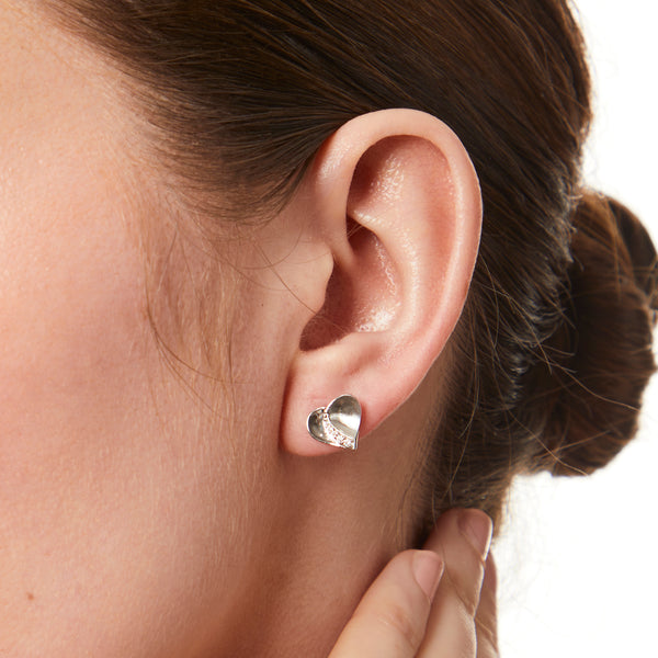 A pair of sterling silver satin heart earrings with a cubic zirconia centre-JOOLS by Jenny Brown