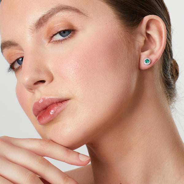 Sterling Silver And Zirconia Halo Stud Emerald Green Earrings- JOOLS by Jenny Brown
