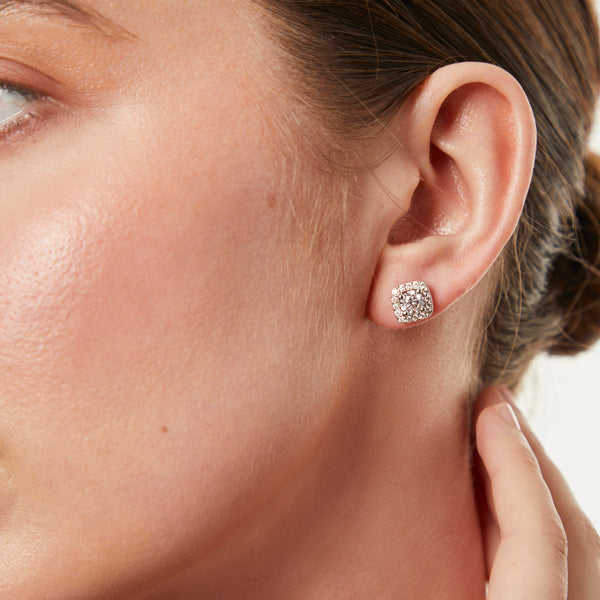 Sterling Silver Cushion Cut Three Quarter Carat Halo Earrings-JOOLS by Jenny Brown