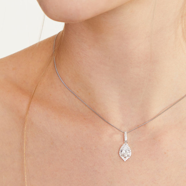 Sterling Silver Halo Style Pear Shape Pendant with Cubic Zirconias, attached to a chain-JOOLS by Jenny Brown