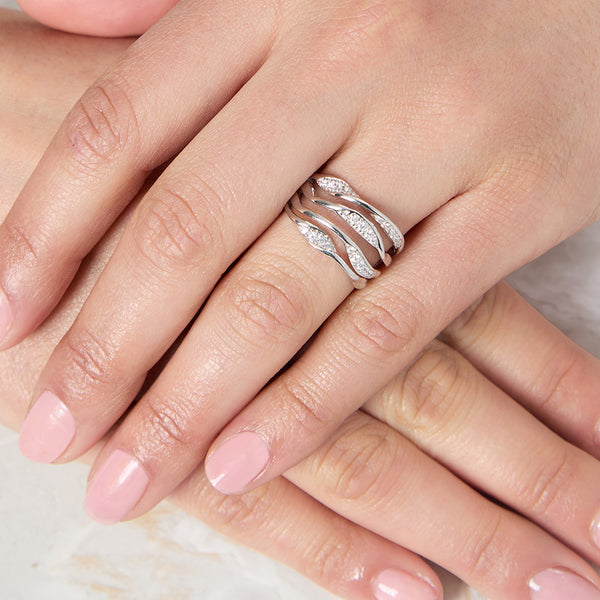 Sterling Silver Ring With Four Open Twisted Bands Half Set With Cubic Zirconia Stones- JOOLS By Jenny