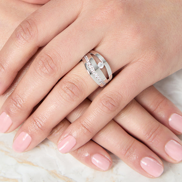 Sterling Silver Triple Band Ring With A Single Round Stone - JOOLS By Jenny Brown