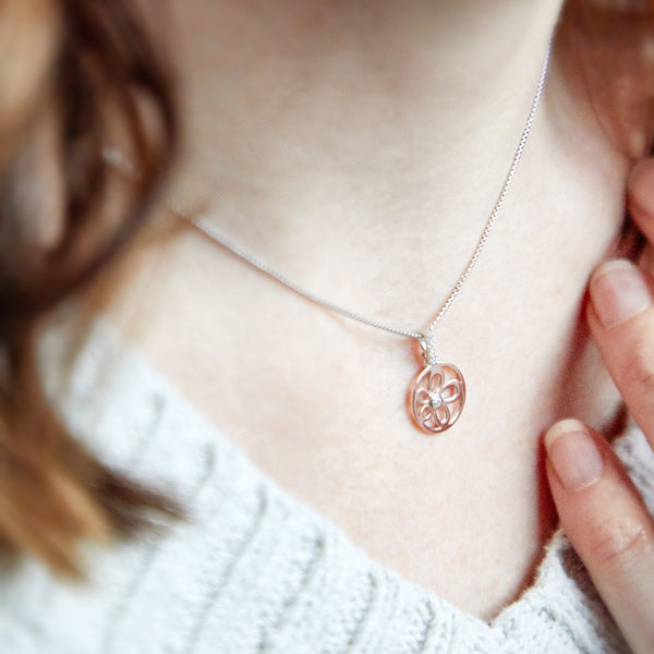 Sterling Silver and Rose Gold Flower Circle Flower Necklace - JOOLS By Jenny Brown
