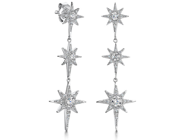 A pair of sterling silver drop stud earrings with a three-star design and cubic zirconia stones.-JOOLS by Jenny Brown