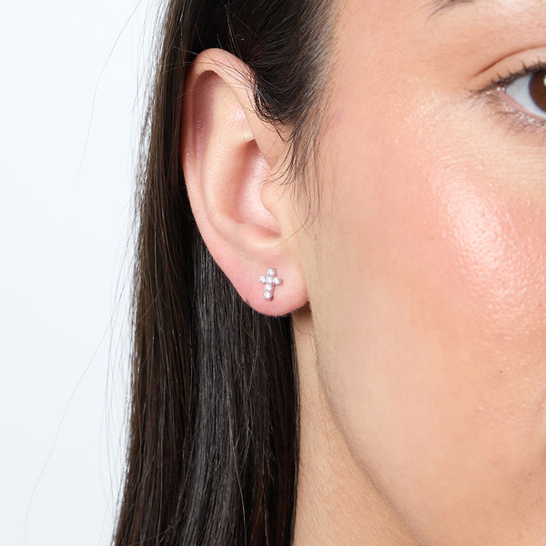 Small Silver & Cubic Zirconia Cross Earrings-JOOLS by Jenny Brown