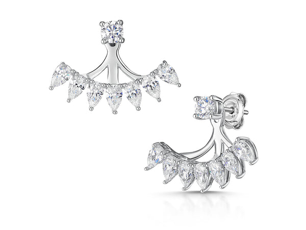 A pair of sterling silver jacket earrings featuring a fan shape design with cubic zirconia stones, including a 4mm solitaire stud and additional pear-shaped CZ elements.
