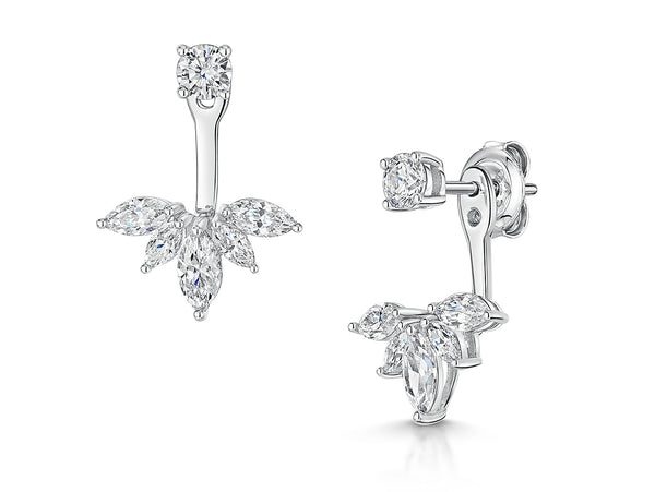 A pair of sterling silver cubic zirconia earrings in a lotus flower shape design, with a solitaire stud and marquise fan.