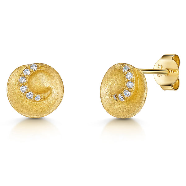 A pair of yellow gold brushed swirl stud earrings with cubic zirconia accents.