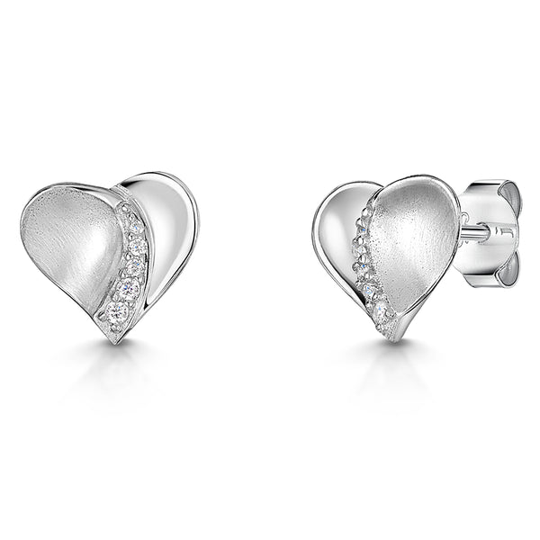 A pair of sterling silver satin heart earrings with a cubic zirconia centre-JOOLS by Jenny Brown