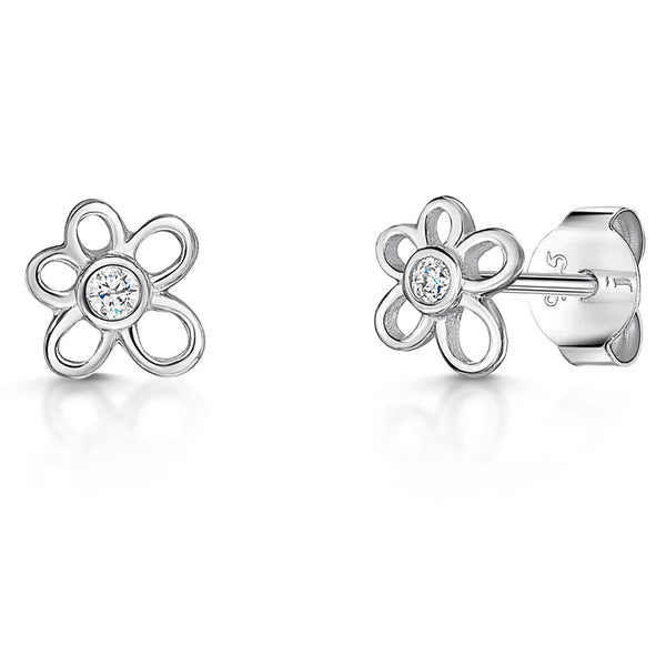 A pair of silver flower-shaped stud earrings with a central cubic zirconia-JOOLS by Jenny Brown