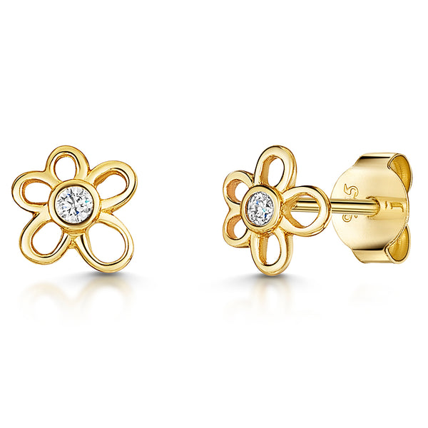 A pair of yellow gold flower-shaped stud earrings with a central cubic zirconia-JOOLS by Jenny Brown