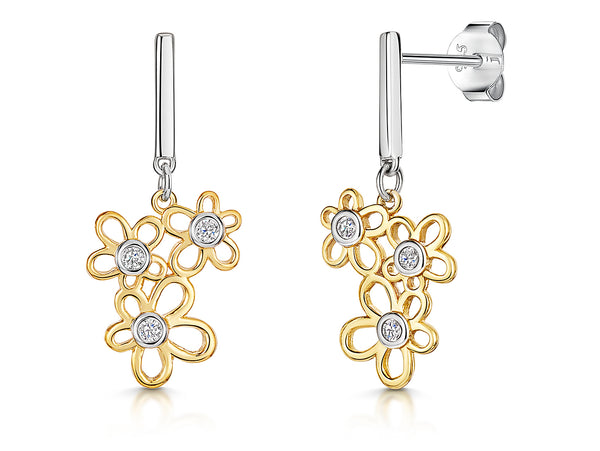 Gold Triple Flower Cubic Zirconia Drop Earrings-JOOLS by Jenny Brown