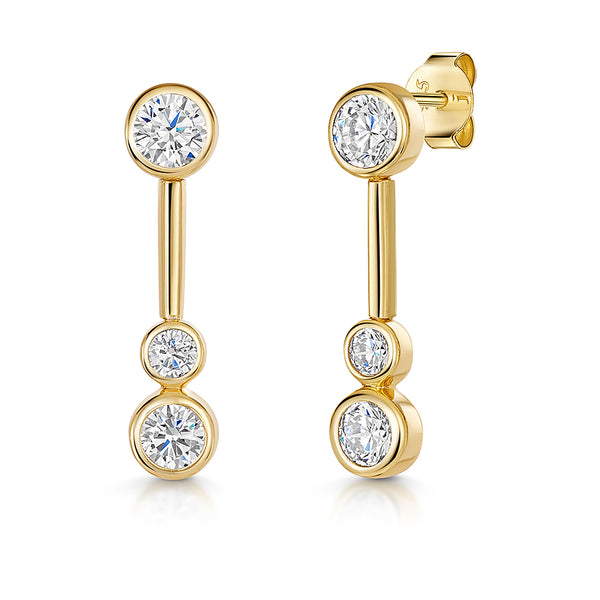 Yellow Gold Three Stone Drop Bubble Earrings