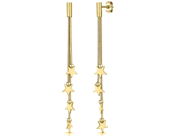 Yellow Gold Or Silver Long Graduated 4 Star Drop Earrings-JOOLS by Jenny Brown