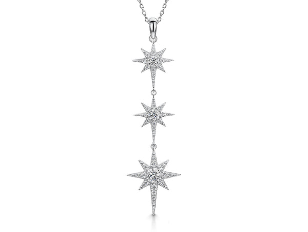 Sterling silver necklace with three star drop designs, set with cubic zirconia stones, on an adjustable chain.- JOOLS by Jenny Brown