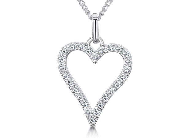 A sterling silver open pave heart pendant with a cubic zirconia surround on a chain.