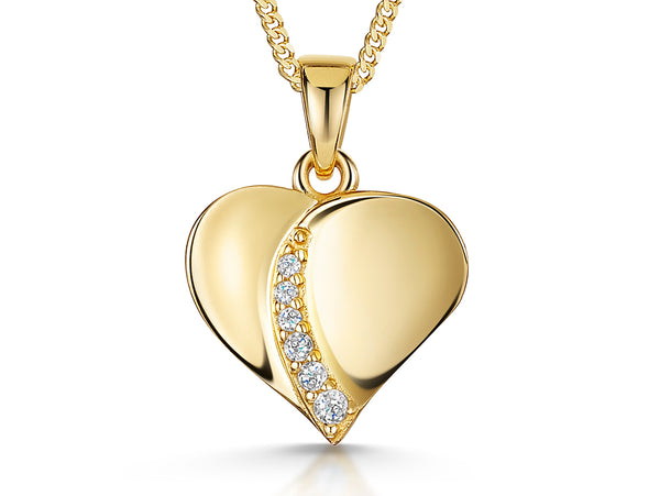 A yellow gold heart-shaped pendant with a line of cubic zirconia stones on it-JOOLS by Jenny Brown