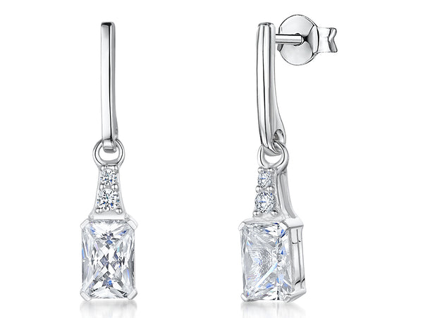 A pair of sterling silver drop earrings featuring radiant cut cubic zirconia stones,-JOOLS by Jenny Brown