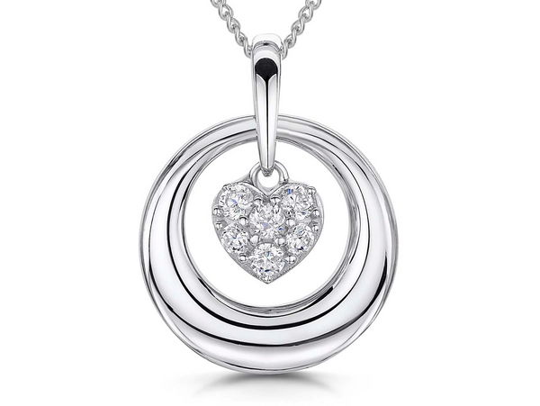 A sterling silver pendant with a cubic zirconia suspended heart centre, rhodium finished, on a silver chain.