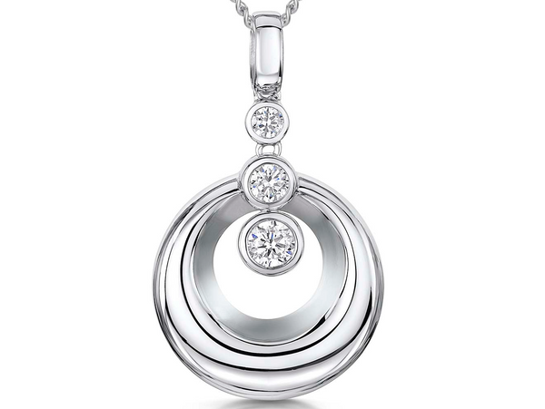 A sterling silver open circle pendant set with three cubic zirconia stones, on a chain.
