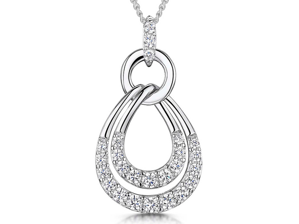 A double pave teardrop pendant made of rhodium finished sterling silver, featuring AAA quality cubic zirconia, suspended from a circle element-JOOLS by Jenny Brown
