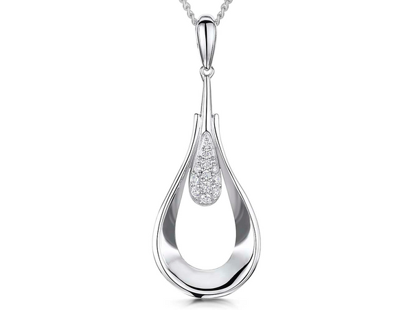 Rhodium finished sterling silver teardrop pendant with cubic zirconia in a center pave drop design,-JOOLS by Jenny Brown