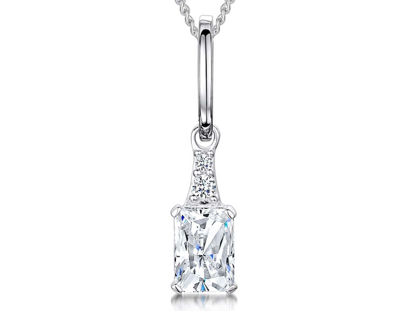 Sterling Silver Pendant with a radiant cut cubic zirconia centerpiece, surrounded by smaller round CZs, attached to a sterling silver long bale and a chain.- JOOLS by Jenny Brown