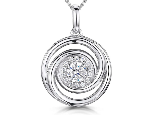 A sterling silver circle swirl pendant with a halo setting of cubic zirconia stones, displayed on a silver chain-JOOLS by Jenny Brown