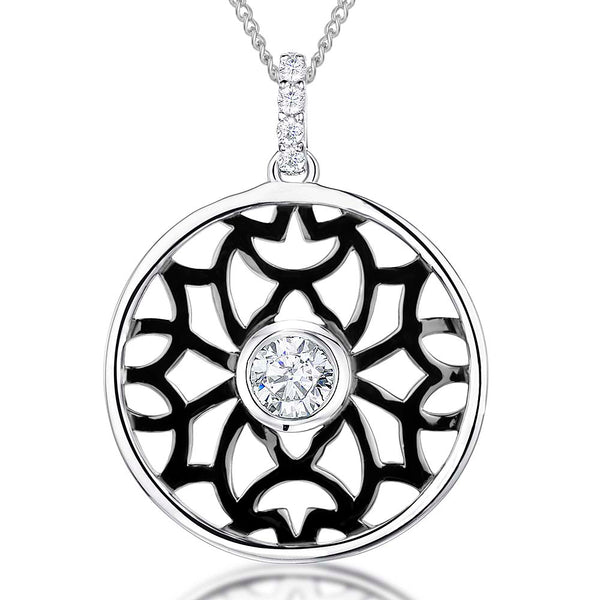 Sterling Silver Circle Pendant With A Ruthenium Filigree Centre