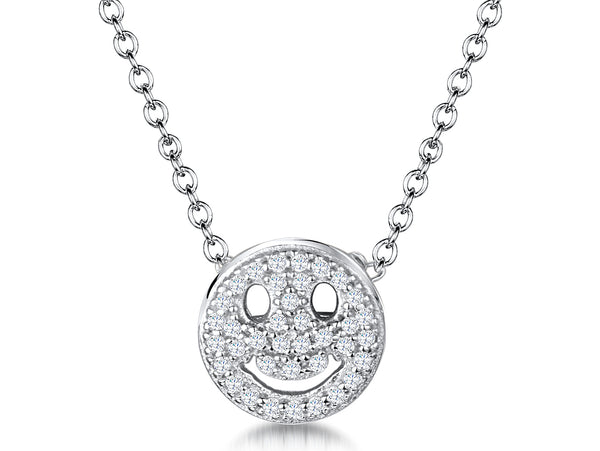 A sterling silver round smiley face pendant set with cubic zirconia stones, attached to a silver chain-JOOLS by Jenny Brown