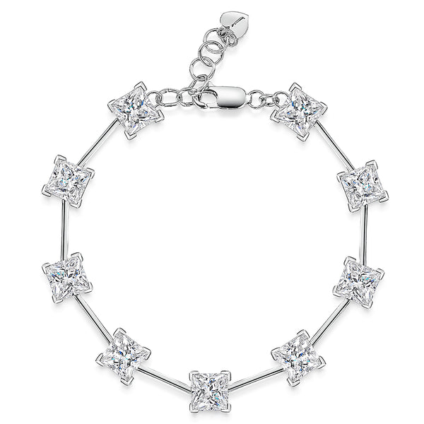 Sterling silver bar bracelet with princess cut cubic zirconia stones, featuring a chain extension.-JOOLS by Jenny Brown