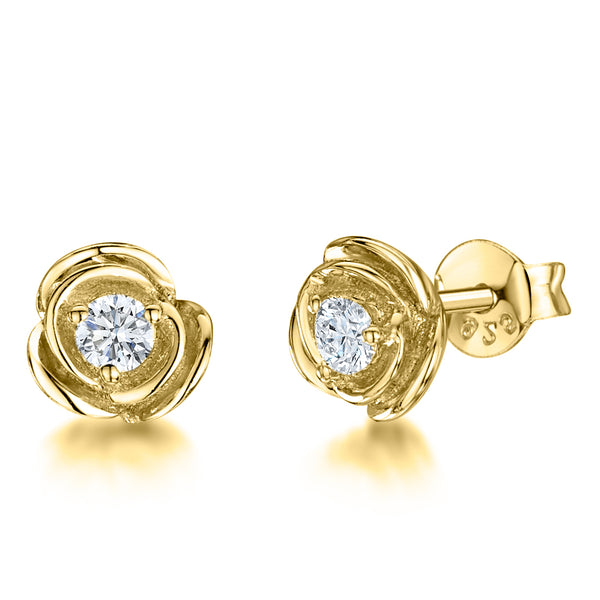 A pair of yellow gold rose flower stud earrings with a single zirconia centre stone-JOOLS by Jenny Brown