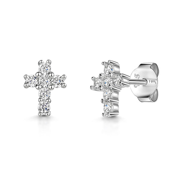 Silver & Cubic Zirconia Small Cross Earrings-JOOLS by Jenny Brown