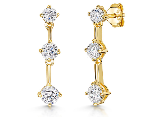 A pair of yellow gold drop earrings featuring three cubic zirconia stones of different sizes-JOOLS by Jenny Brown