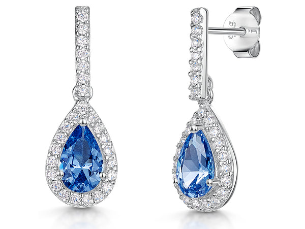 Sterling Silver Sky Blue Drop Halo Earrings-JOOLS by Jenny Brown