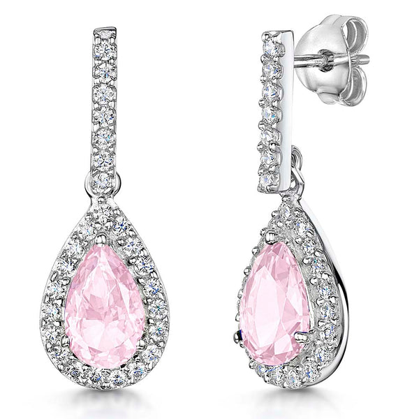 Teardrop-shaped Sterling Silver Light Pink Cubic Zirconia Drop Halo Earrings