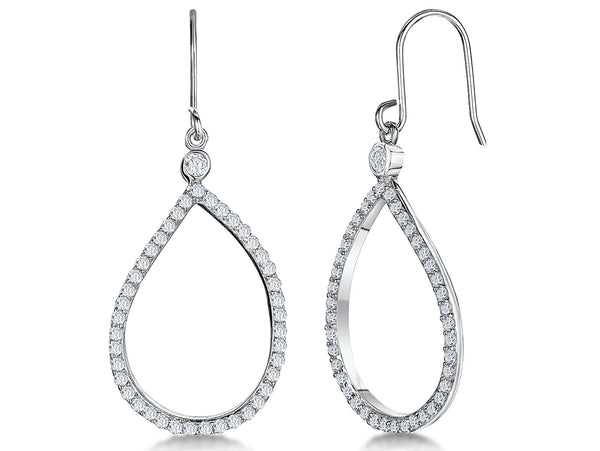 A pair of sterling silver teardrop earrings with fishhook fastening and cubic zirconia stones, rhodium finished for tarnish-free wear.