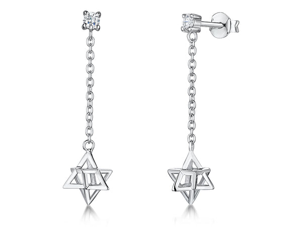 A pair of sterling silver drop earrings featuring a chain drop ending in a star-shaped cage with cubic zirconia stones.