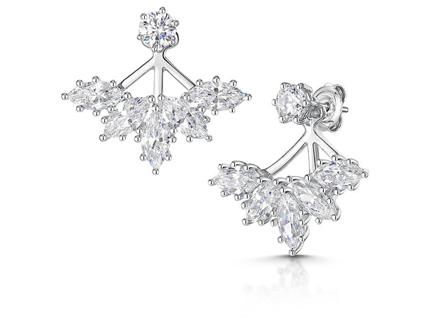 A pair of sterling silver jacket earrings featuring a lotus flower design with cubic zirconia stones, including a detachable solitaire stud earring.