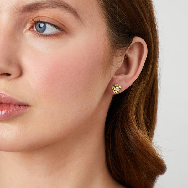 Yellow Gold Delicate Flower Stud Earrings|-JOOLS By Jenny Brown