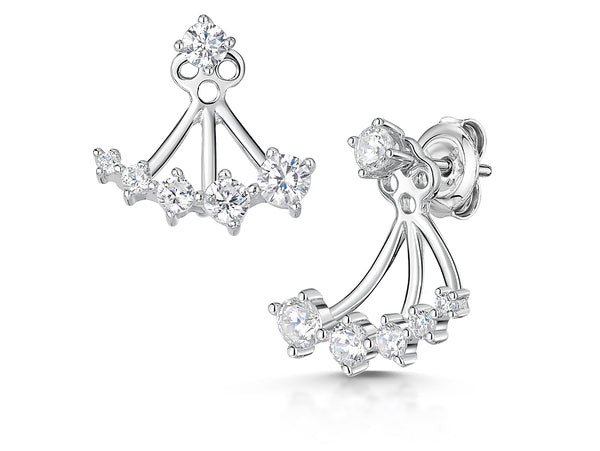 A pair of sterling silver jacket earrings featuring a solitaire stud and a row of graduated cubic zirconia stones.