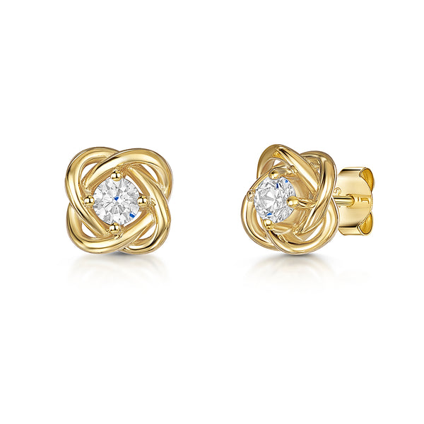A pair of yellow gold woven knot stud earrings with cubic zirconia centers.