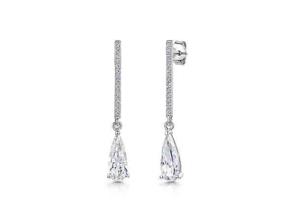 A pair of sterling silver long pave bar drop earrings with pear cut cubic zirconia stones- JOOLS By Jenny Brown