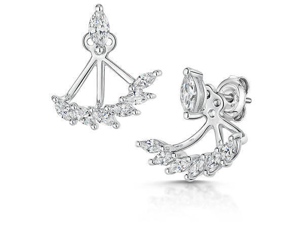 A pair of sterling silver jacket earrings featuring marquise cut cubic zirconia stones, with the earrings detachable at the base allowing one to wear as solitaire studs.