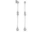 Load image into Gallery viewer, A pair of sterling silver drop earrings with bead details and cubic zirconia stones, rhodium finished, on a white background.