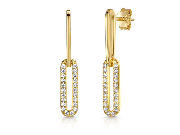 A pair of yellow gold paperlink drop earrings with cubic zirconia pave effect.