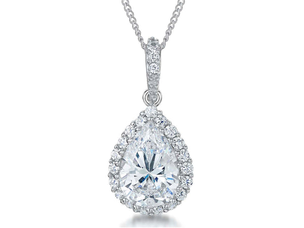 A sterling silver pendant with a pear-shaped cubic zirconia centerpiece surrounded by smaller cubic zirconia stones, presented on a chain-JOOLS by Jenny Brown
