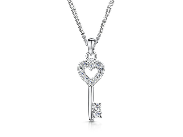 Sterling silver key-shaped pendant with a cubic zirconia heart, attached to a silver chain.-JOOLS by Jenny Brown