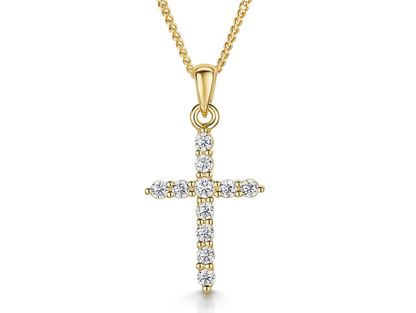 A yellow gold cubic zirconia small cross pendant on an 18ct gold vermeil chain-JOOLS by Jenny Brown